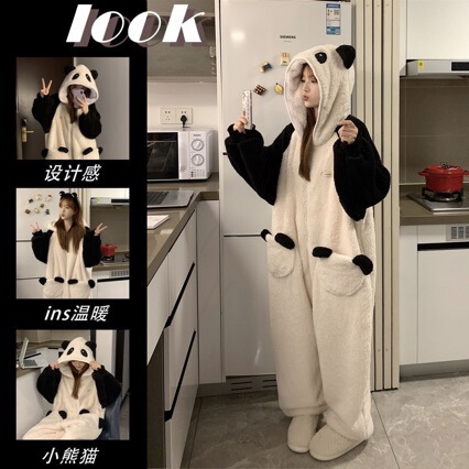 Coral fleece 2026 new style, thickened and fleece-lined one-piece pajamas for women, autumn and winter cute little panda home wear, can be worn outside Coral fleece 2026 new style, thickened and fleece-lined one-piece pajamas for women, autumn and winter cute little panda home wear, can be worn outside