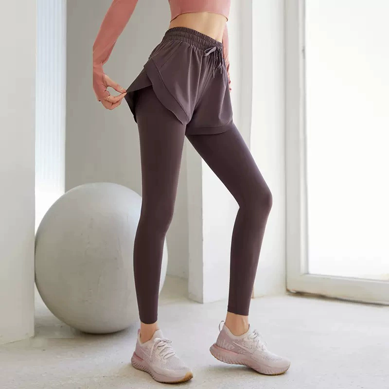 Женские спортивные брюки-двойка (имитация), с высокой талией, подтягивающие ягодицы, облегающие, быстросохнущие, для активного отдыха, бега, аэробики, фитнеса, влагоотводящие длинные брюки.