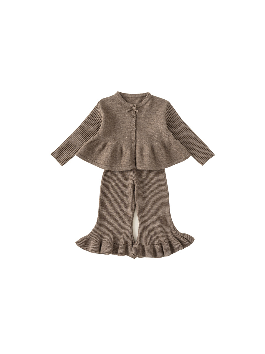 Yubao ropa infantil para niñas primavera y otoño dulce arco jersey cardigan pantalones de lana de cuerno dos piezas