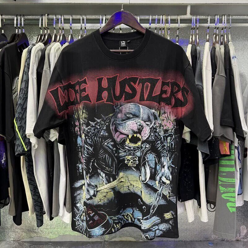 Trendy Life Hustlers Street Hip-Hop Pitbull Print Rhinestone Lettering Loose Casual Short-Sleeve T-Shirt