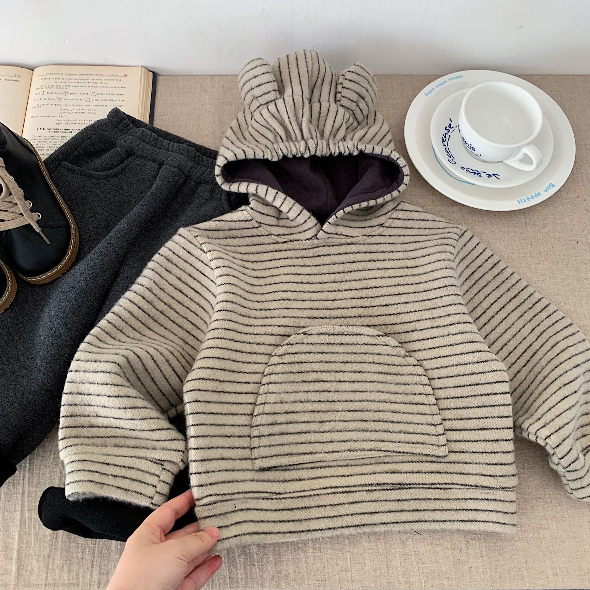 Children's Velvet Suit 2025 Autumn and Winter New Korean Style Stripesd Hooded Boy's Fashionable Girl's Cute Two-Piece Set