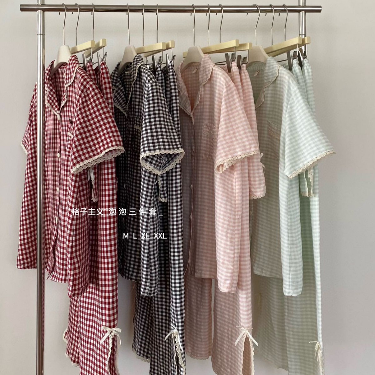 체크무늬 버블 3피스 세트 텐셀 코튼 홈웨어 라운지웨어 잠옷 상의 반바지 긴바지