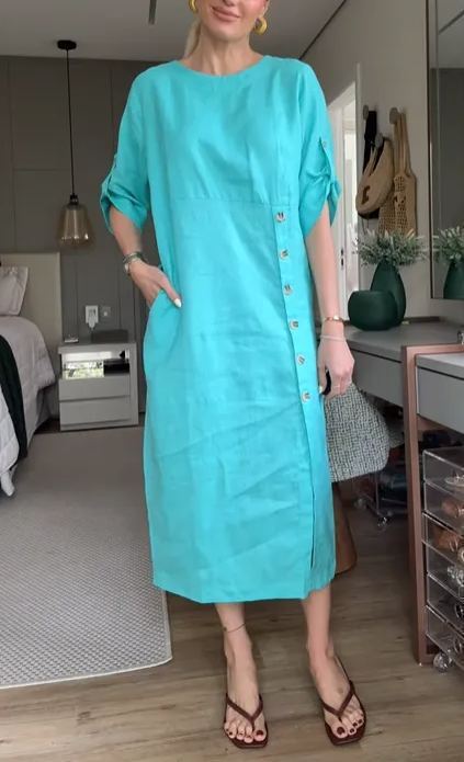 亚马逊新款2025欧美跨境女装夏季风宽松休闲纯色短袖棉麻连衣裙女|undefined