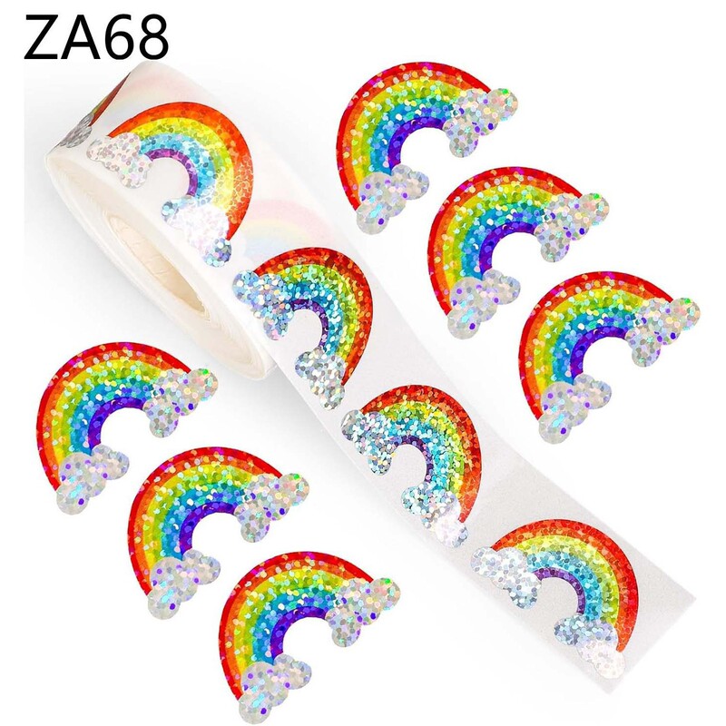 Rainbow Stickers 500 Sheets in Roll Packaging, Kidsren's Handmade Decorative Self-Adhesive Stickers, Laser Glitter Fun Reward Stickers