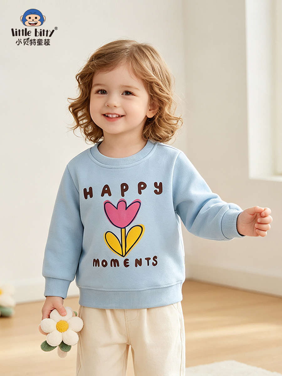 Cross-border supply 2026 autumn and winter girls' sweatshirt with fun floral and letter prints, children's round-neck sweatshirt, cute printed top