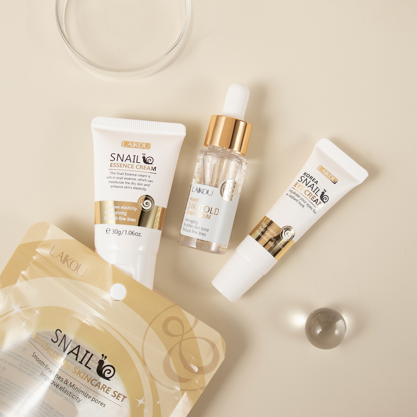 Cross-border LAIKOU Snail Revitalizing Skin Care Set 3-piece set, Facial Cleanser, Eye Cream and Face Cream manufacturer in stock undefined