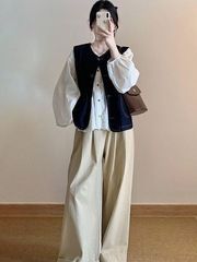 早秋韩系一整套装复古套装宽松牛仔马甲背心镂空衬衫女学生阔腿裤