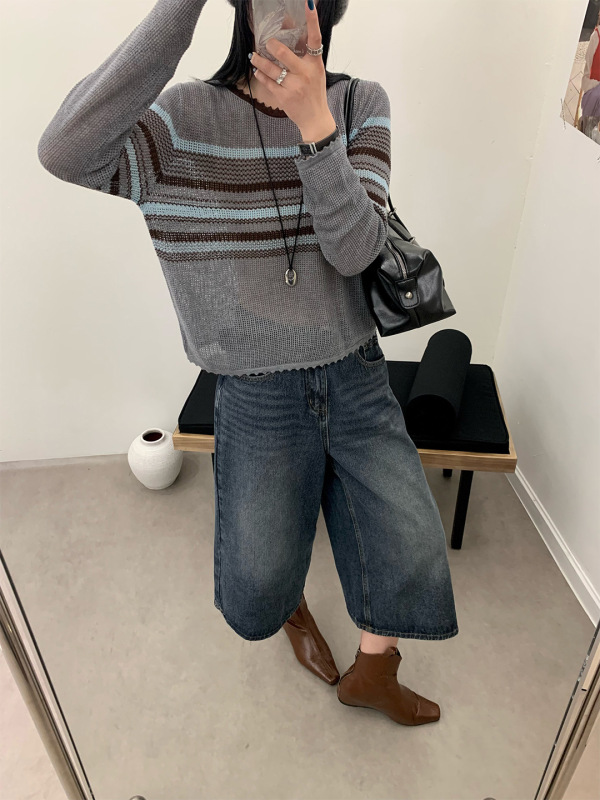 独特别致针织衫女2025新款韩系穿搭薄款长袖t恤条纹镂空上衣罩衫|undefined