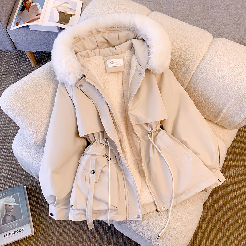 Abrigo acolchado de algodón forrado de lana de invierno ropa de trabajo ajustada a la cintura Abrigo acolchado de algodón engrosado chaqueta acolchada de algodón cálido ropa parka de estilo occidental pequeña