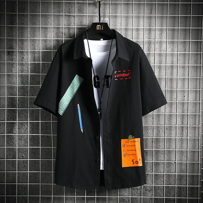 衬衫外套男士夏季薄款纯棉潮牌工装五分短袖上衣服宽松休闲衬衣男