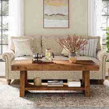 Coffee Table American Retro Double-Layer Design Side Table Farmhouse Style Rectangular Sofa Tea Table Coffee Table