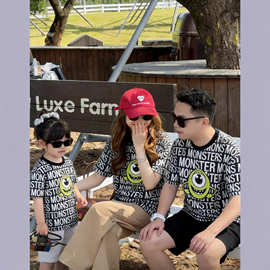 新款大眼仔家庭装刺绣短袖T恤一家三口亲子装宝宝上衣母子装婴儿