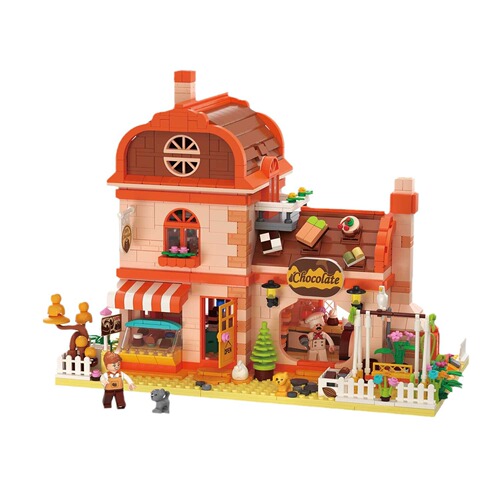 Zhegao mini street view lime tea shop chocolate workshop small particles compatible with Lego building blocks assembled educational toys