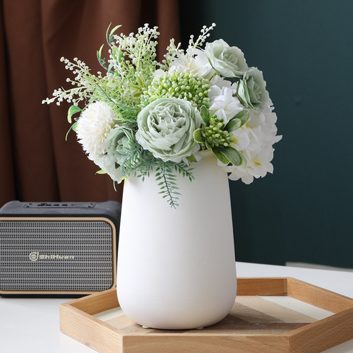 Dahlias vase decoration for living room, dried flowers, wire-sculpted white ceramic home dining table decoration, Instagram style