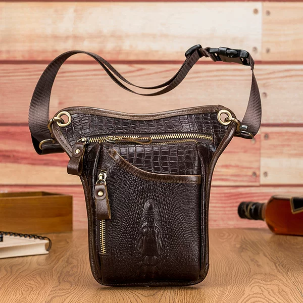 Lion Leiden First Layer Cowhide Men's Motorcycle Leg Bag European and American Retro Crocodile Pattern Leather Motorcycle Riding Waist Bag