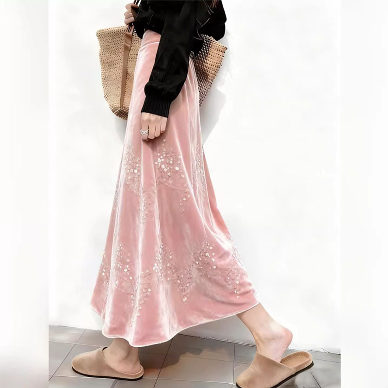 Pink Sequined Velvet Skirt for Women, New Spring Season Style, New Chinese Style, Fashionable Drapey High-Waisted A-Line Long Skirt Pink Sequined Velvet Skirt for Women, New Spring Season Style, New Chinese Style, Fashionable Drapey High-Waisted A-Line Long Skirt