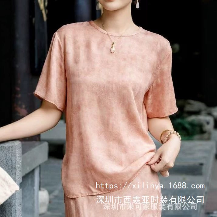 金辉新中式减龄时尚铜氨丝提花裂纹上衣女夏季新款国风洋气短袖