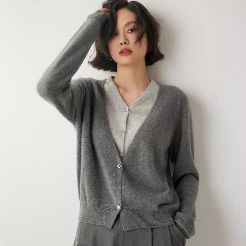Soft Waxy Cashmere Design Niche French Autumn and Winter Women's Fake Two-piece V-neck Knitted Cardigan Loose Cashmere Sweater