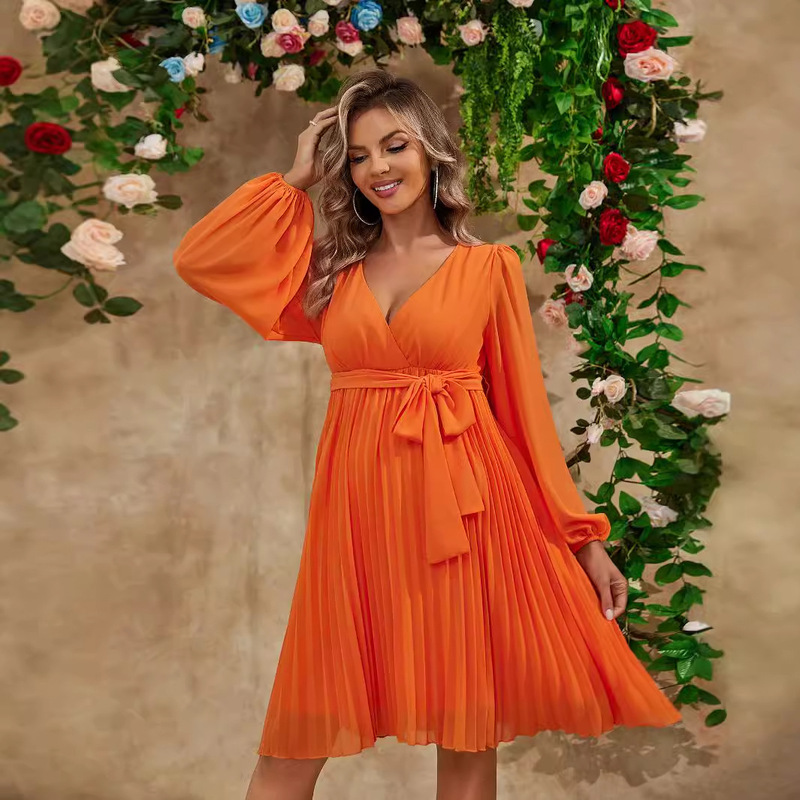 2024 Cross-border Autumn Hot dress European and American Women's V-neck Short Skirt Pleated Skirt French Skirt Dress Maternity Dress