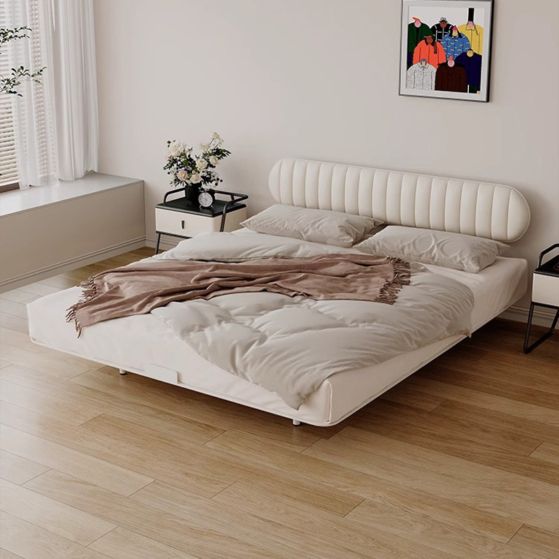 Estilo crema francés, respaldo ultrafino, cabecera, apartamento pequeño, cama de suspensión de acero al carbono, cama de pan de cuero, cama doble simple