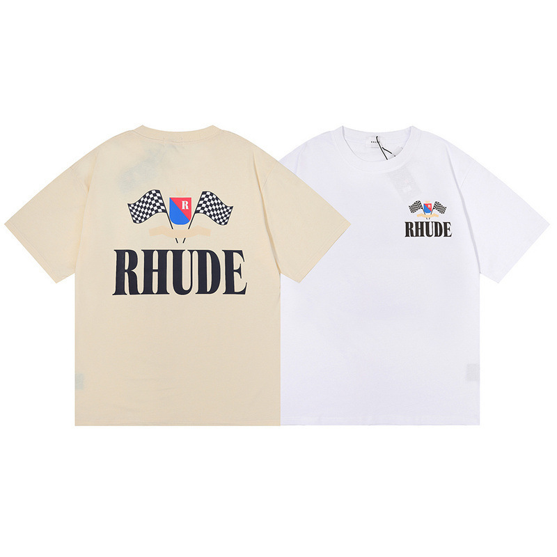 Rhude2022 New Summer Style Versatile Champion Flag Printed T-Shirt Men's Ins Trendyy European and American Style T-Shirt Top