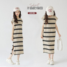 仿棉珠地 女童夏季连衣裙洋气中大童长裙韩版长款T恤短袖夏装条纹