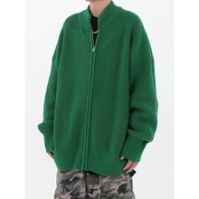美式高街宽松绿色时髦拉链立领外套男2021年新款冬季针织毛衣ins