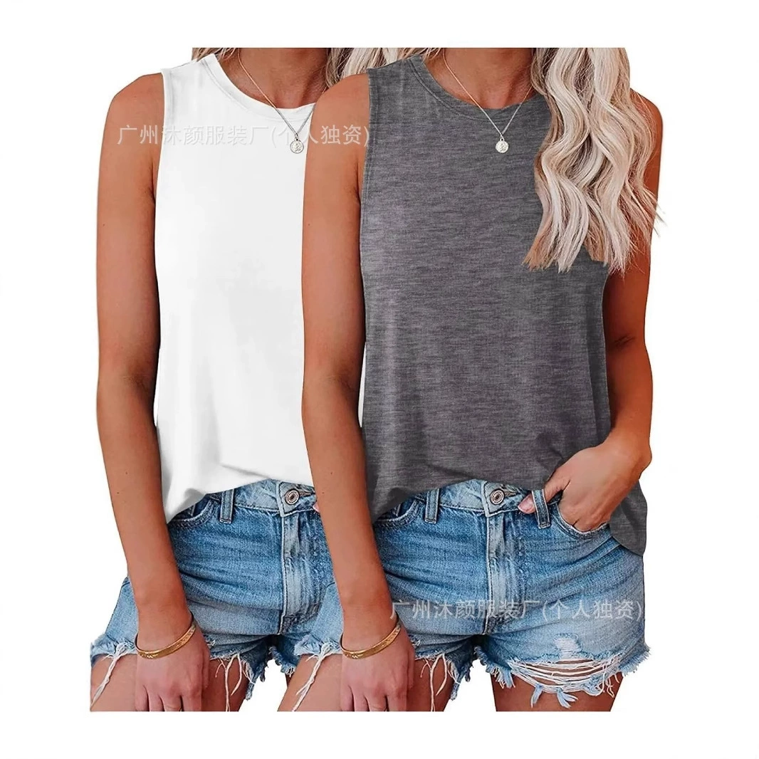 Кросс-бордерный комплект 2025 года: модный топ и футболка в европейско-американском стиле, ребристый, без рукавов, с круглым вырезом, однотонный, двухкомпонентный.