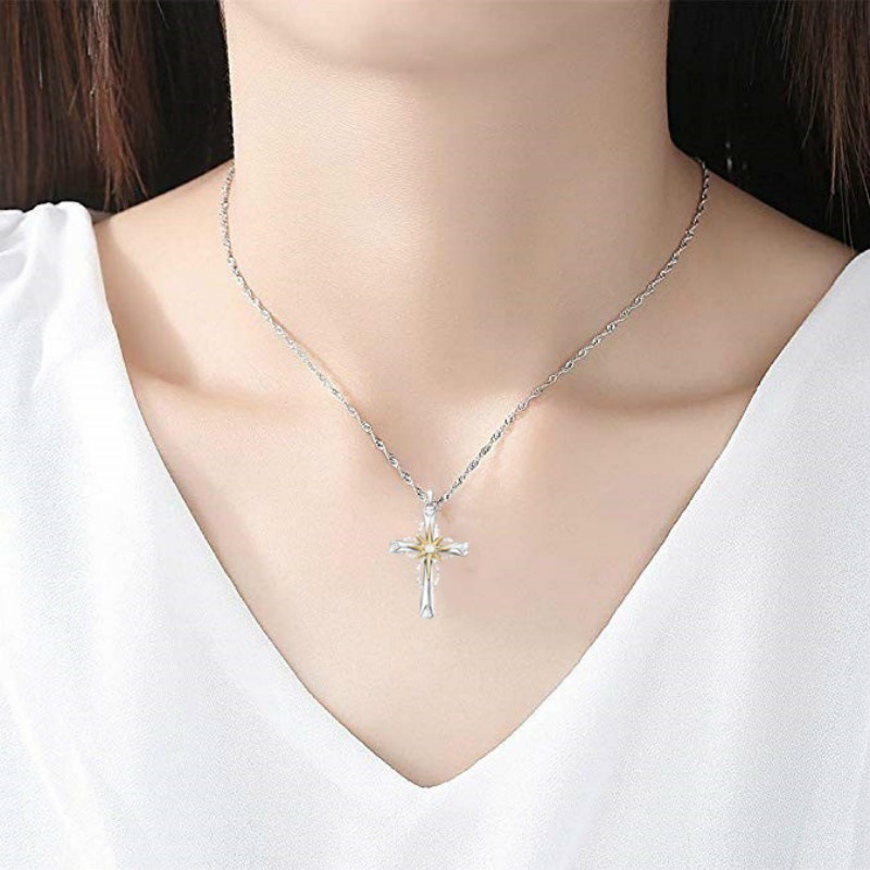 Chencui Nuevo colgante de estrella octogonal con cruz de dos tonos y doble capa, collar decorativo_voghion.com