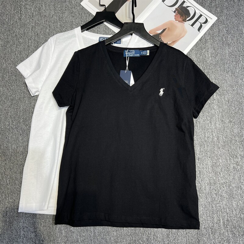 4-color sweep code ~ RL tide brand niche Raff women's classic pony logo V-neck simple fashion Joker T-shirt generation