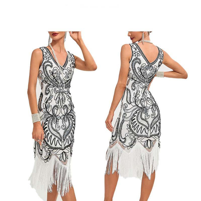 European and American Cross-Border Masquerade V-Neck Dress Gatsby Party Sequin Tassel Dress Evening Dress