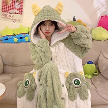 2024年新款珊瑚绒睡衣女加绒加厚连帽睡袍可爱秋冬季家居服套装