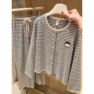可爱风条纹睡衣女2026年秋季慵懒风长袖长裤卡通家居服套装可外穿