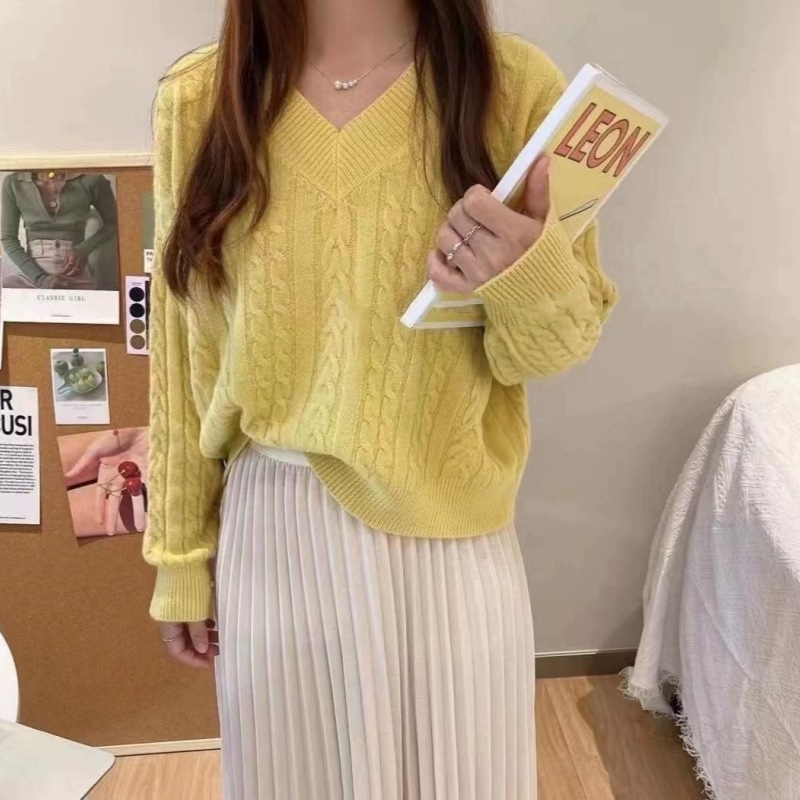 秋冬新款复古毛衣女宽松简约风麻花套头V领长袖小个子打底针织衫|undefined