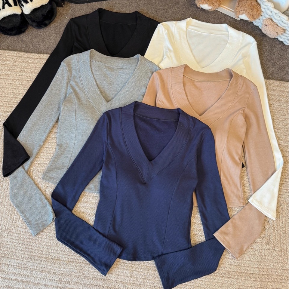 Early Autumn New Sweet Right Shoulder V Neck Brushed Warm Long-Sleeved T-Shirt Slimming Look Tight Fixed Belt Chest Pad Women's Slim Fit