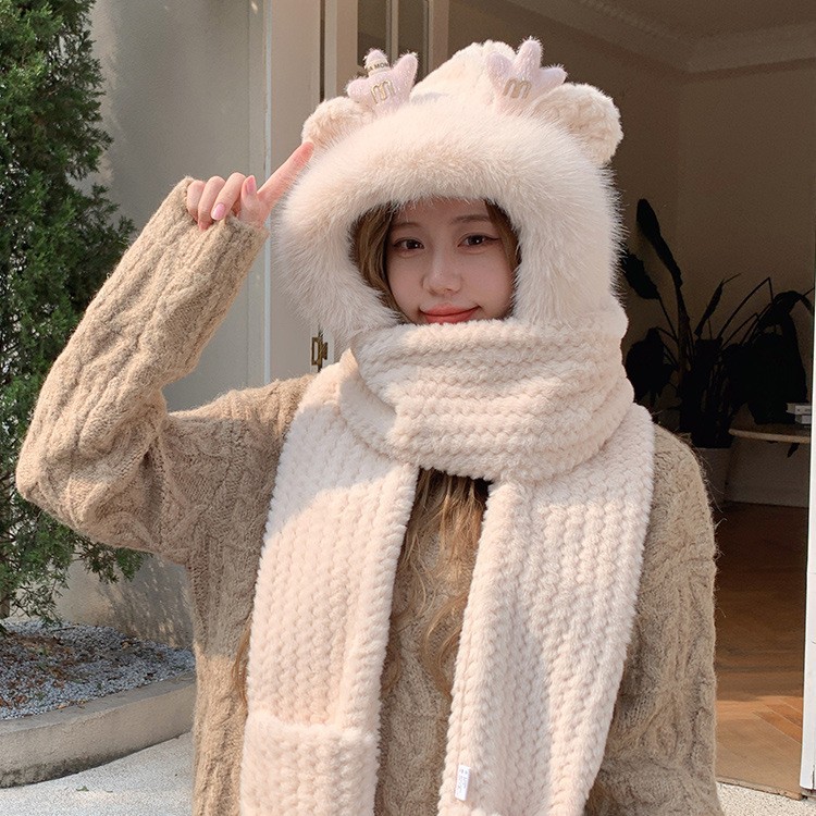 (2개) 모자 여성의 가을과 겨울 귀여운 드래곤 뿔 푹신한 모자 두꺼운 따뜻한 스카프 원피스 후드 스카프 장갑 3 피스 세트
