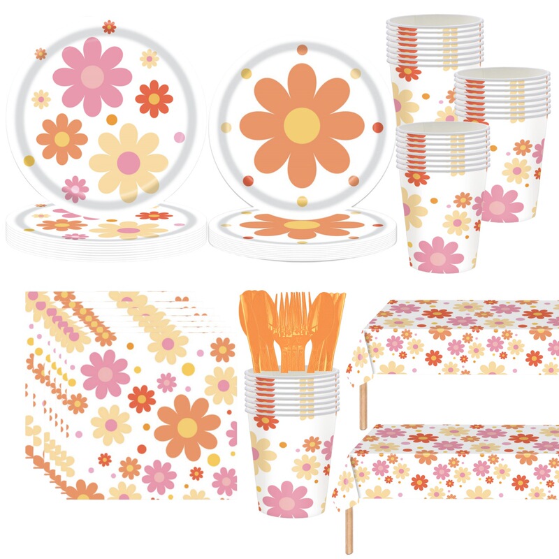 Spring Flower Theme Bohemian Daisy Party Decoration Tableware Set Disposable Paper Plate Tissue Paper Cup