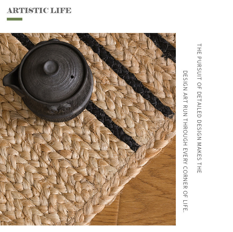 Natural Jute Hand-Woven Floor Mat for Entryway, Living Room, Bedroom, Bedside, Non-Slip, Glue-Free, Simple Carpet