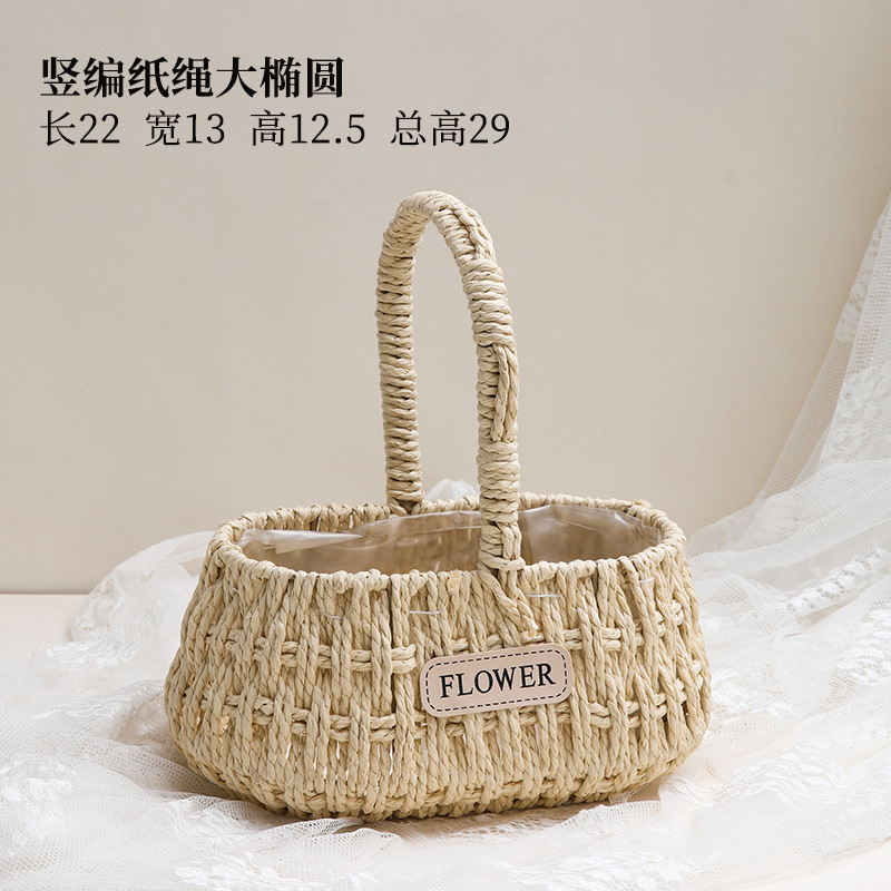 Cesta de flores con asa de encaje, cesta de bambú tejida para floristas, embalaje DIY, pequeña cesta de bambú para ramos y flores secas.