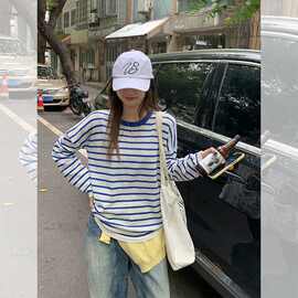 慵懒撞色条纹长袖t恤女小众薄款上【官图 竹节麻 原版质量】