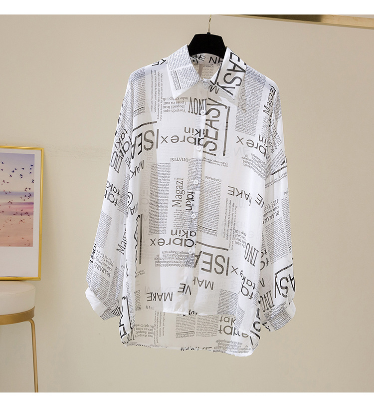 Damenbekleidung, lockeres Hemd, Damen, Sommer 2024, schickes Retro-Langarmshirt mit Zeitungsmotiv, Sonnenschutz, Cardigan für Damen_voghion.com