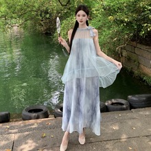 新中式国风韵味青色长款假两件网纱连衣裙温柔气质复古连衣裙