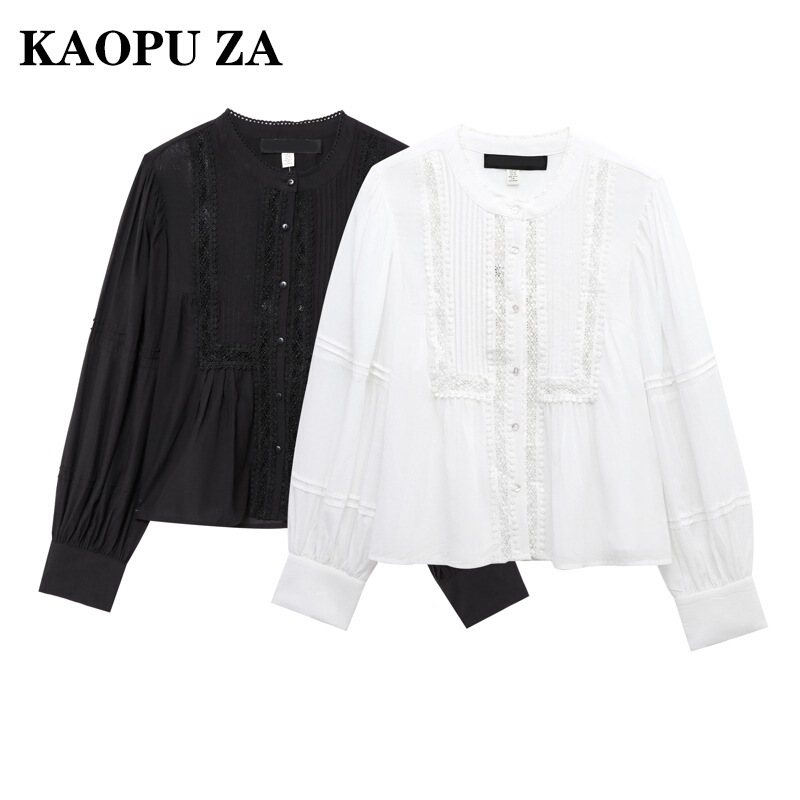KAOPU ZA Foreign Trade Wholesale European and American Style Women's Fashion Simple Joker Lace Pleated Shirt Top