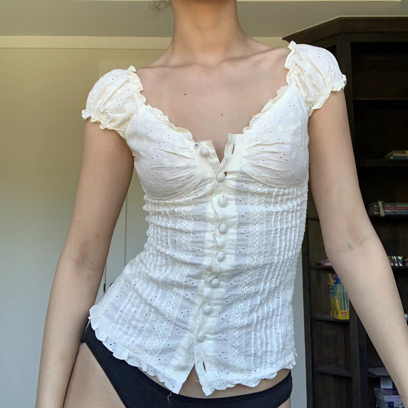 纯欲辣妹风泡泡袖纯色T恤夏季外贸女装木耳边提花V领排扣修身上衣|undefined
