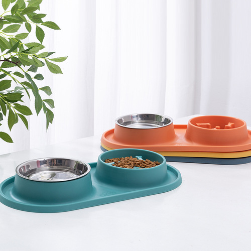 Pet slow food bowl, dog basin, dog supplies, cat food bowl, small and large dog anti-knock over, anti-choking slow food double bowl