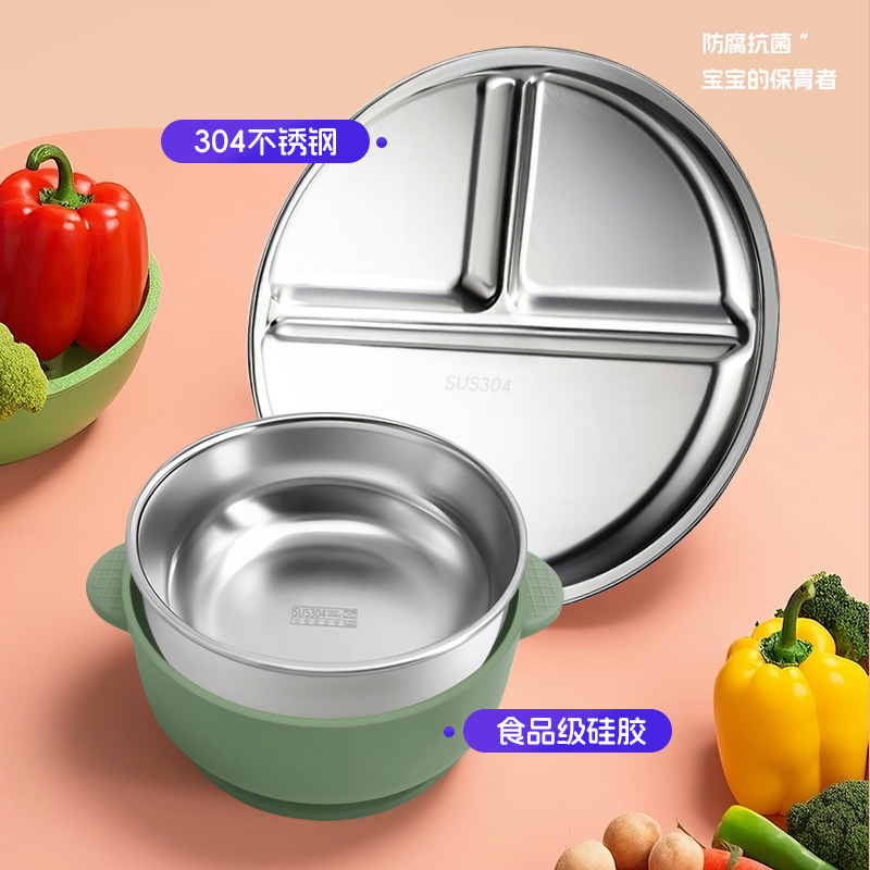 Bandeja de comedor de acero inoxidable 304 para niños Juego de cinco piezas Ventosa inferior Tipo de rejilla dividida Vajilla para niños Placa de rejilla cuantitativa para estudiantes