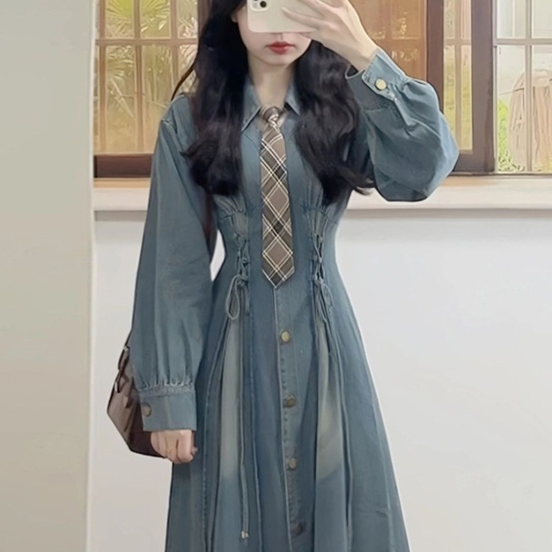 韩系复古长袖牛仔连衣裙女秋季2025新款设计感收腰a字气质长裙子|undefined