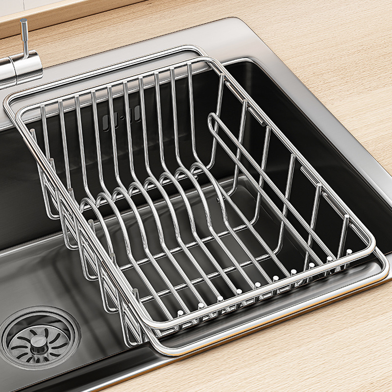 304 acero inoxidable lavabo de cocina cesto de drenaje lavavajillas estante de platos telescópicos estante de almacenamiento de frutas y verduras