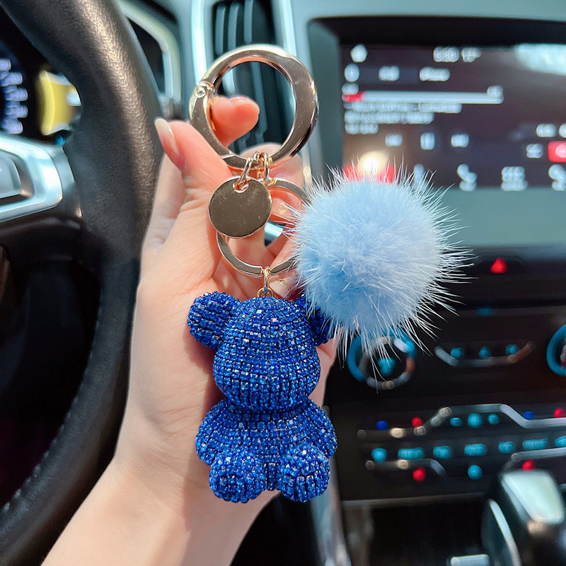 Nuevos productos de moda lindos viento gran botón redondo visón completo diamante osos llavero creativo pareja llavero colgante regalo