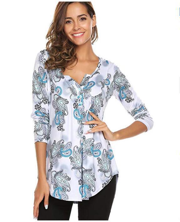 亚马逊爆款欧美女装牛奶丝数码印花外贸女装长袖T恤不规则下摆